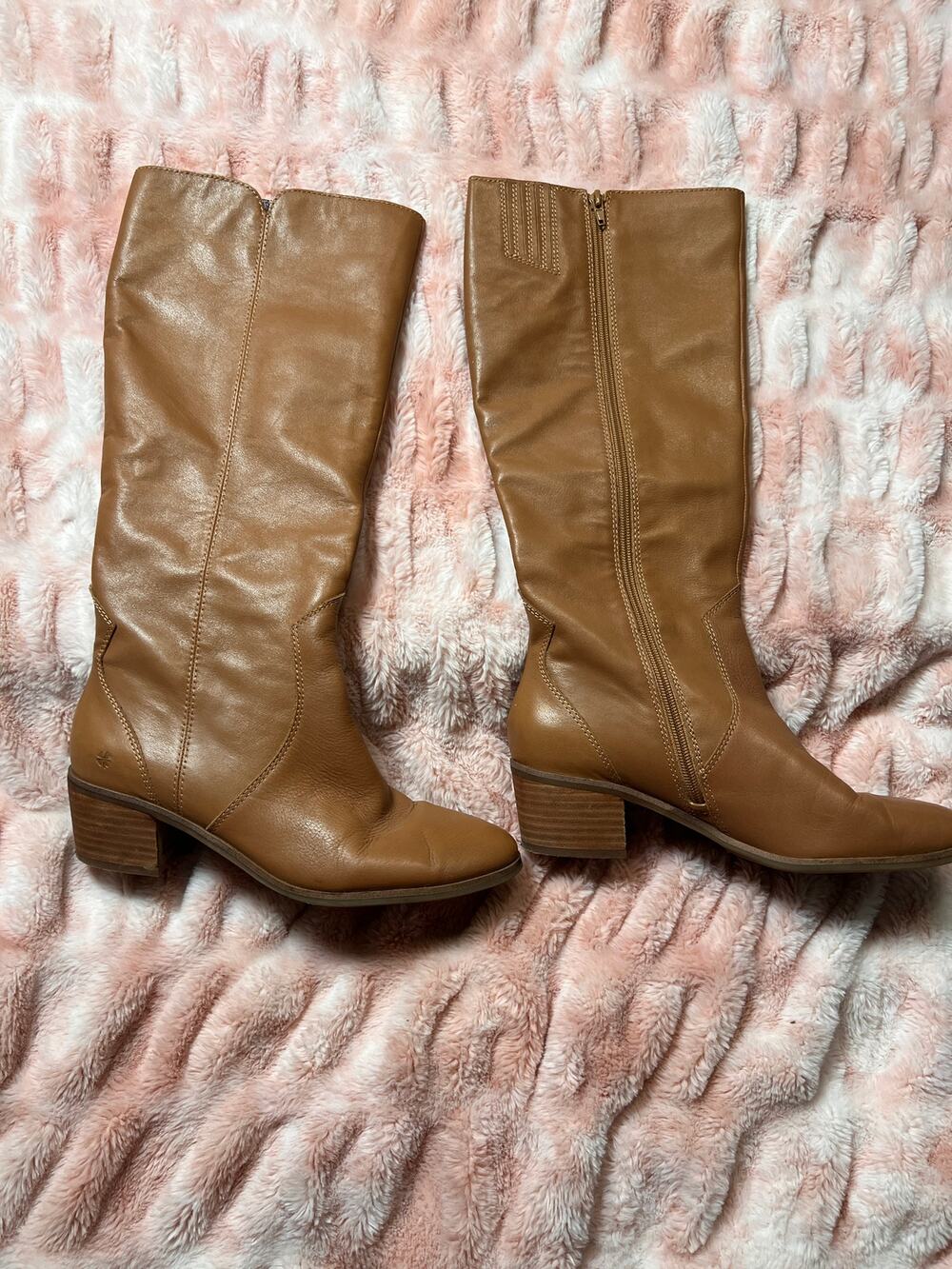 Lucky Brand Women’s Tan Leather Knee High Boots Side Zip Block Heel Riding Boho